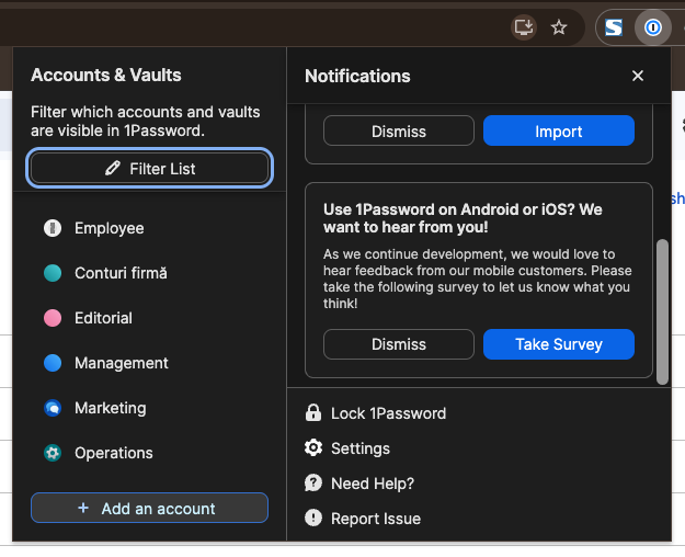 Extensia 1Password deschisa din bara de sus a Chrome, cu lista seifurilor
