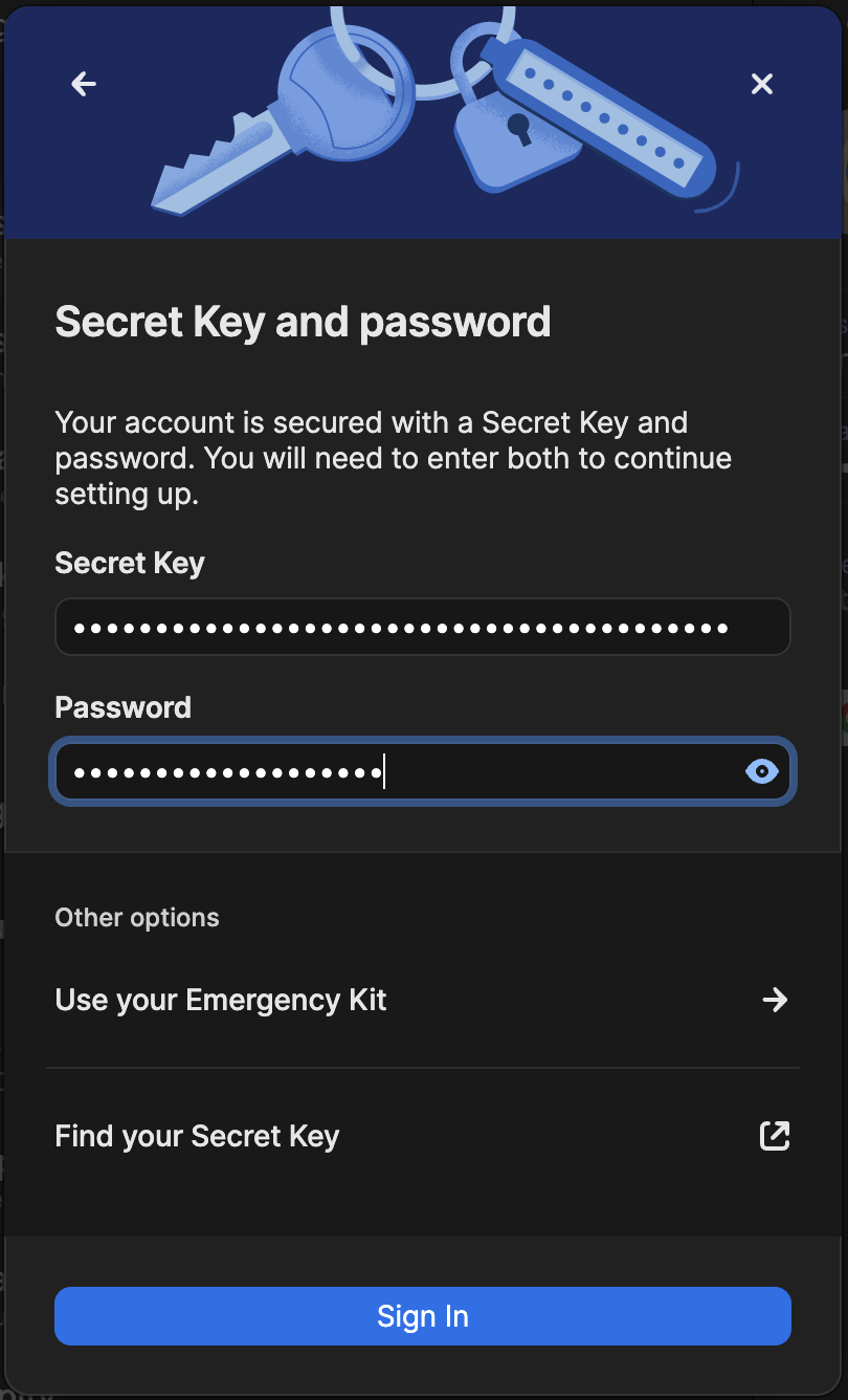 Ecranul de logare 1Password care cere Secret Key si parola