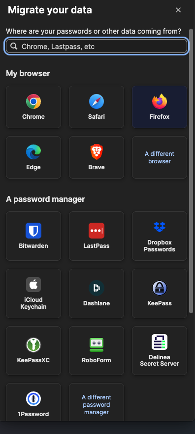 Fereastra de import din 1Password cu sursele din care poti aduce parolele