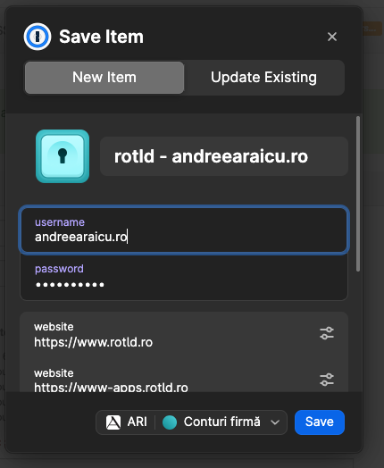 Fereastra 1Password care intreaba daca salveaza parola dupa logare
