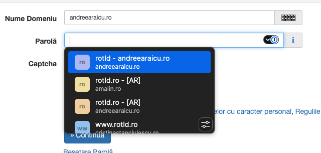 Camp de login pe un site cu sugestia 1Password de completare automata deasupra