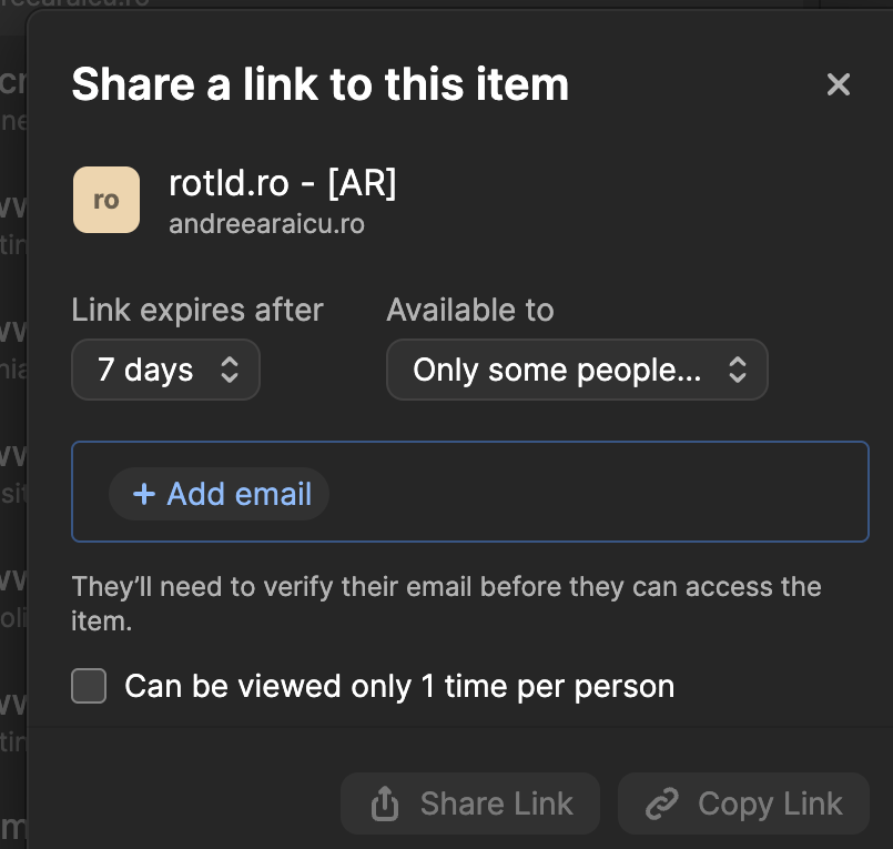 Fereastra Share din 1Password pentru a trimite in siguranta o parola