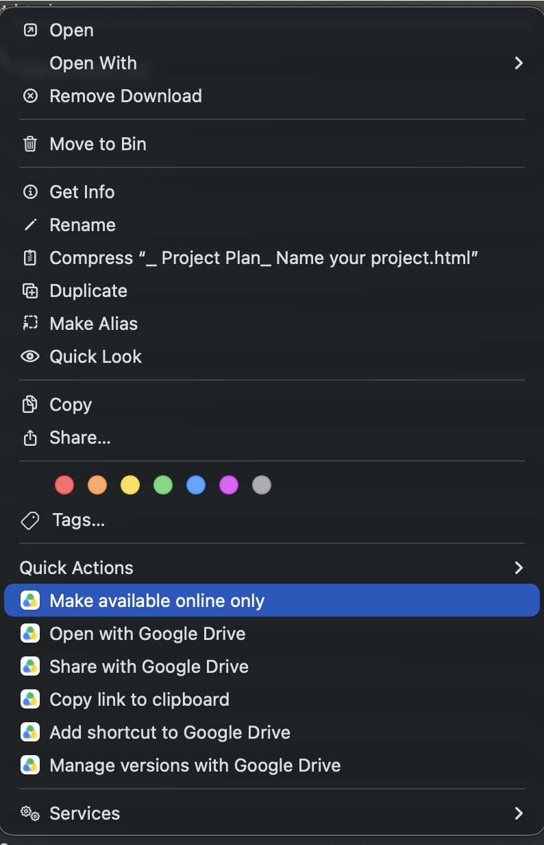 Meniul de click dreapta pe un fișier pe Mac, cu Quick Actions Make available online only și Remove Download