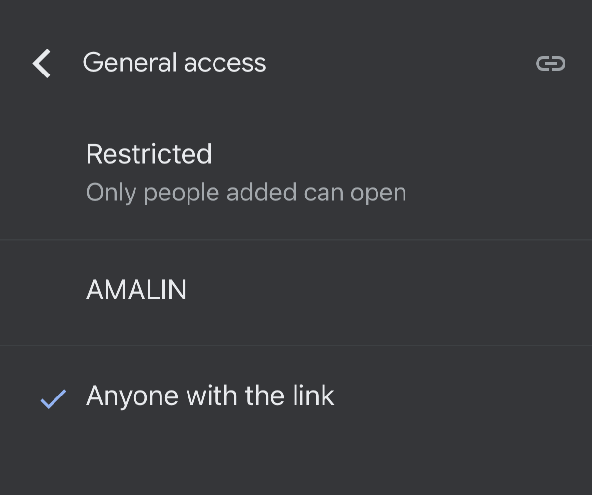 Ecranul General access din aplicația Google Drive pe telefon, cu opțiunea Anyone with the link bifată
