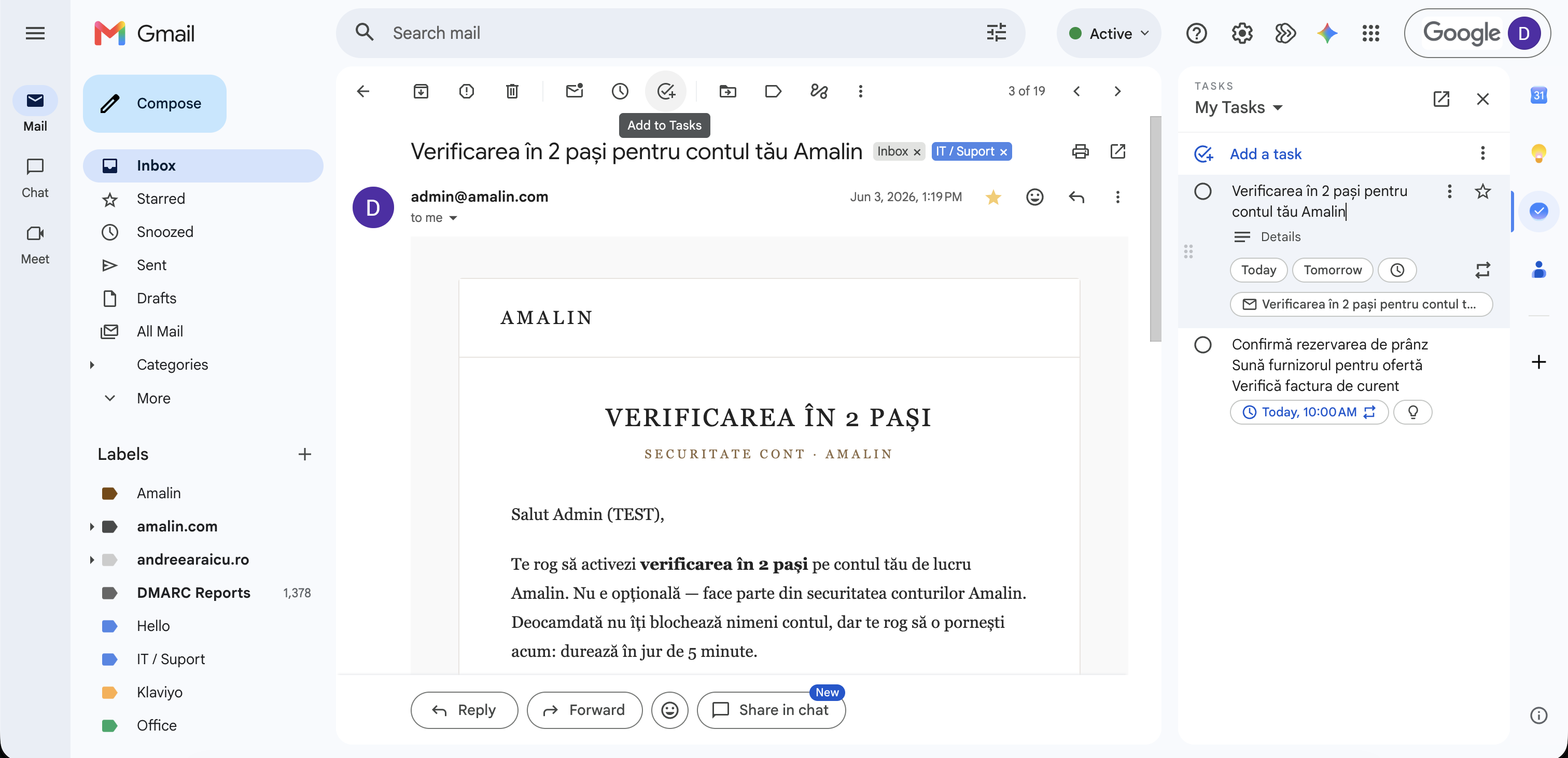 Gmail cu butonul Adaugă în Tasks și panoul My Tasks deschis în dreapta, cu un mail transformat în lucru de făcut