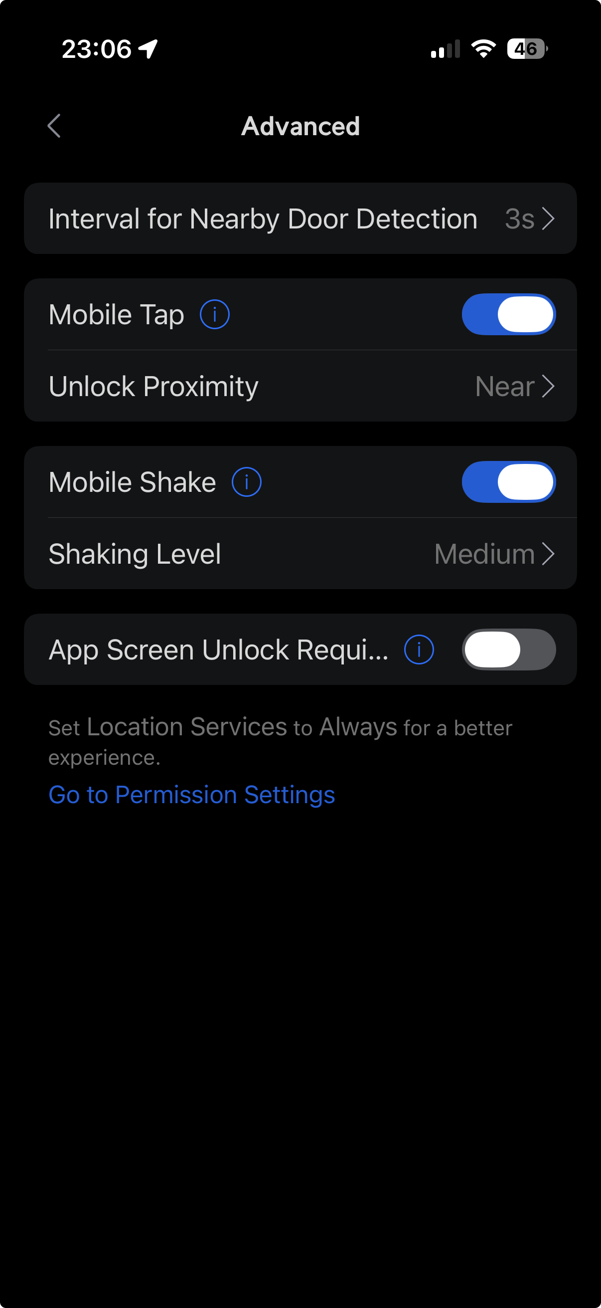 Ecranul Advanced din setări, cu butoanele Mobile Tap și Mobile Shake