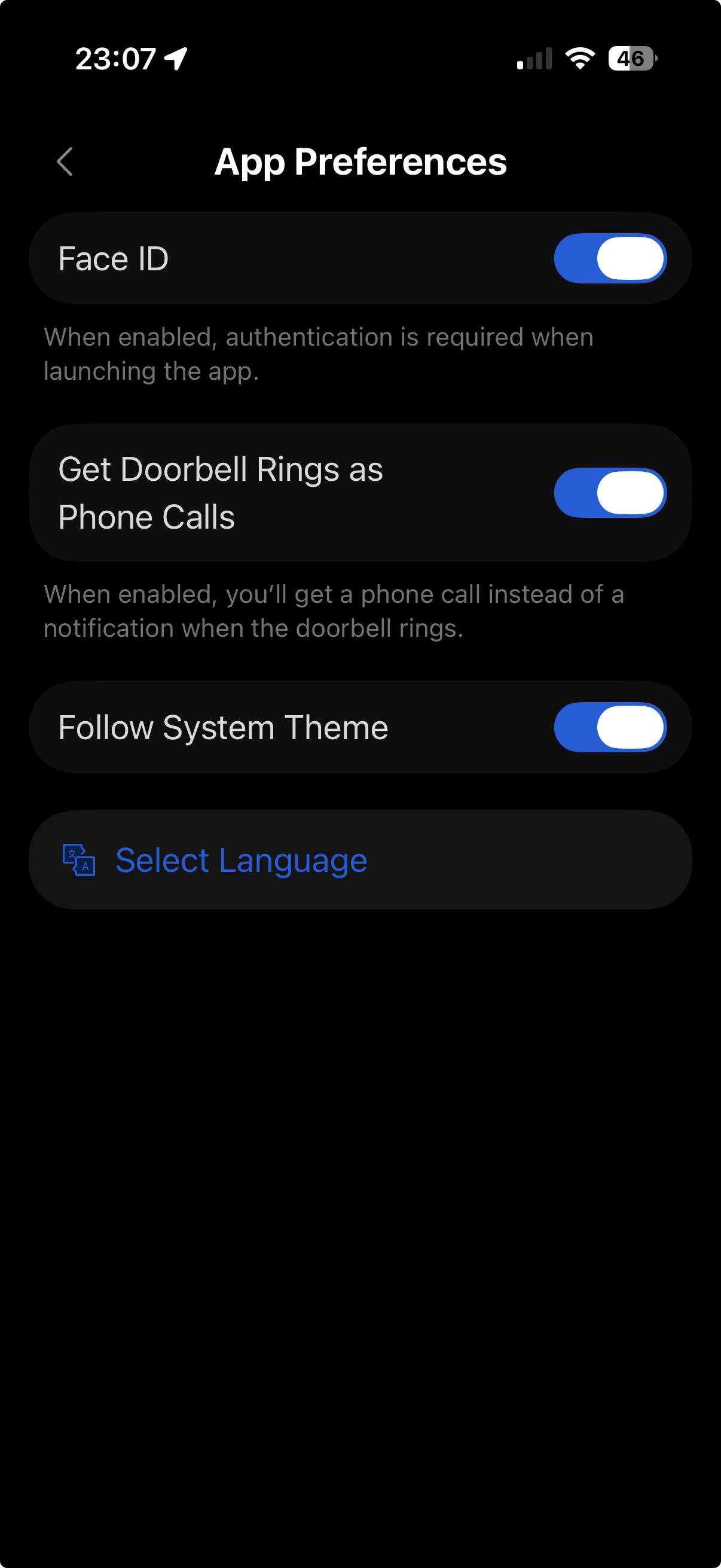 Ecranul App Preferences, cu Face ID și celelalte opțiuni
